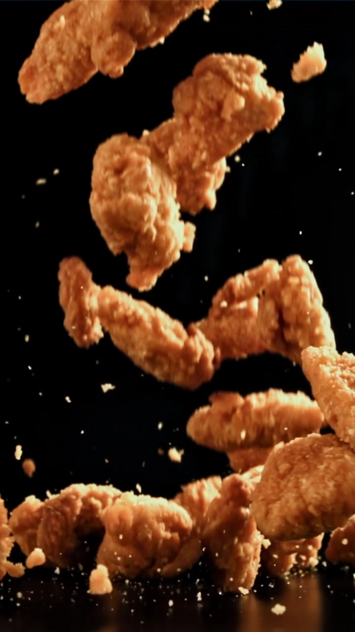 Nuggets de Frango Fritos Crocantes Caindo em Câmera Lenta