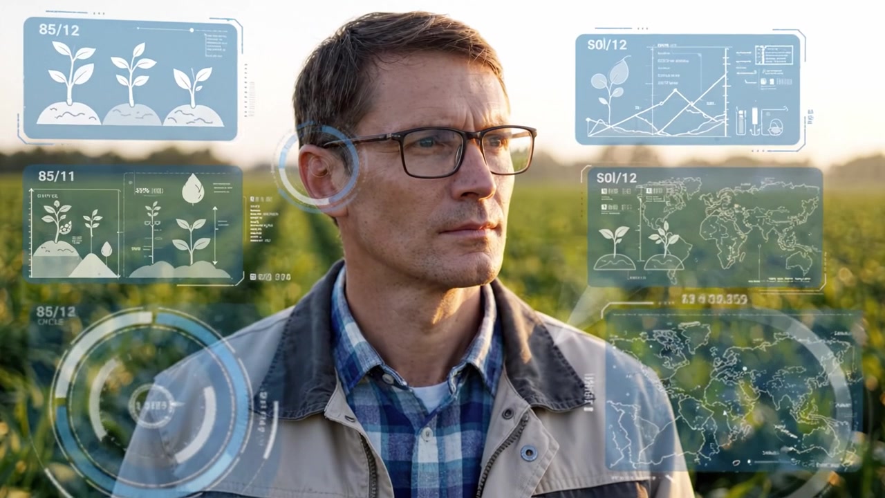 Un agricultor pensativo se encuentra en un extenso campo de cultivos, rodeado de visualización avanzada de datos agrícolas, destacando la intersección de la naturaleza y la tecnología.