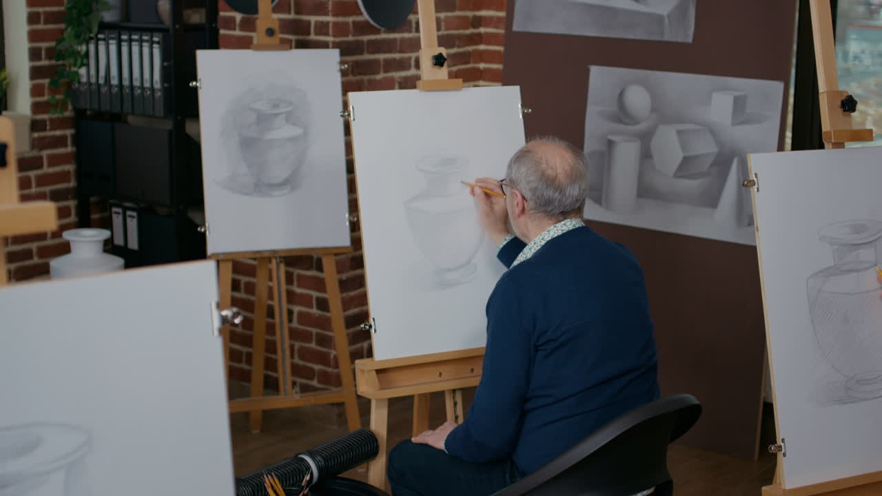 Young teacher helping senior man with vase masterpiece