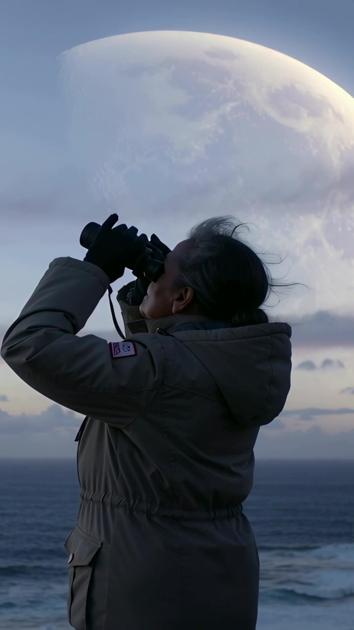 Vertical video: Wind whipping senior woman lifting binoculars, searching sea and moon, parka patch