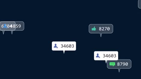 animación de iconos de redes sociales y procesamiento de datos sobre un fondo oscuro