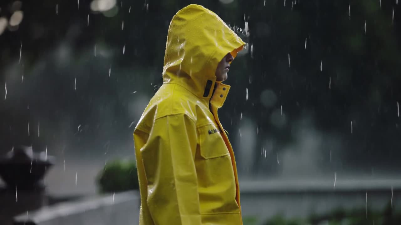 Homme marchant en imperméable jaune à capuche, passant devant les jardinières d'une place alors que la pluie commence, avec espace pour le texte.