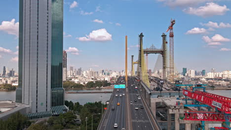 crane at under construction bridge over chao phraya river