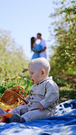 adorable blond baby sits on the blanket in the garden. happy parents embracing at backdrop in blur. vertical video.