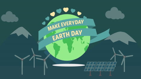 animation of earth day and globe with wind turbines on dark green background