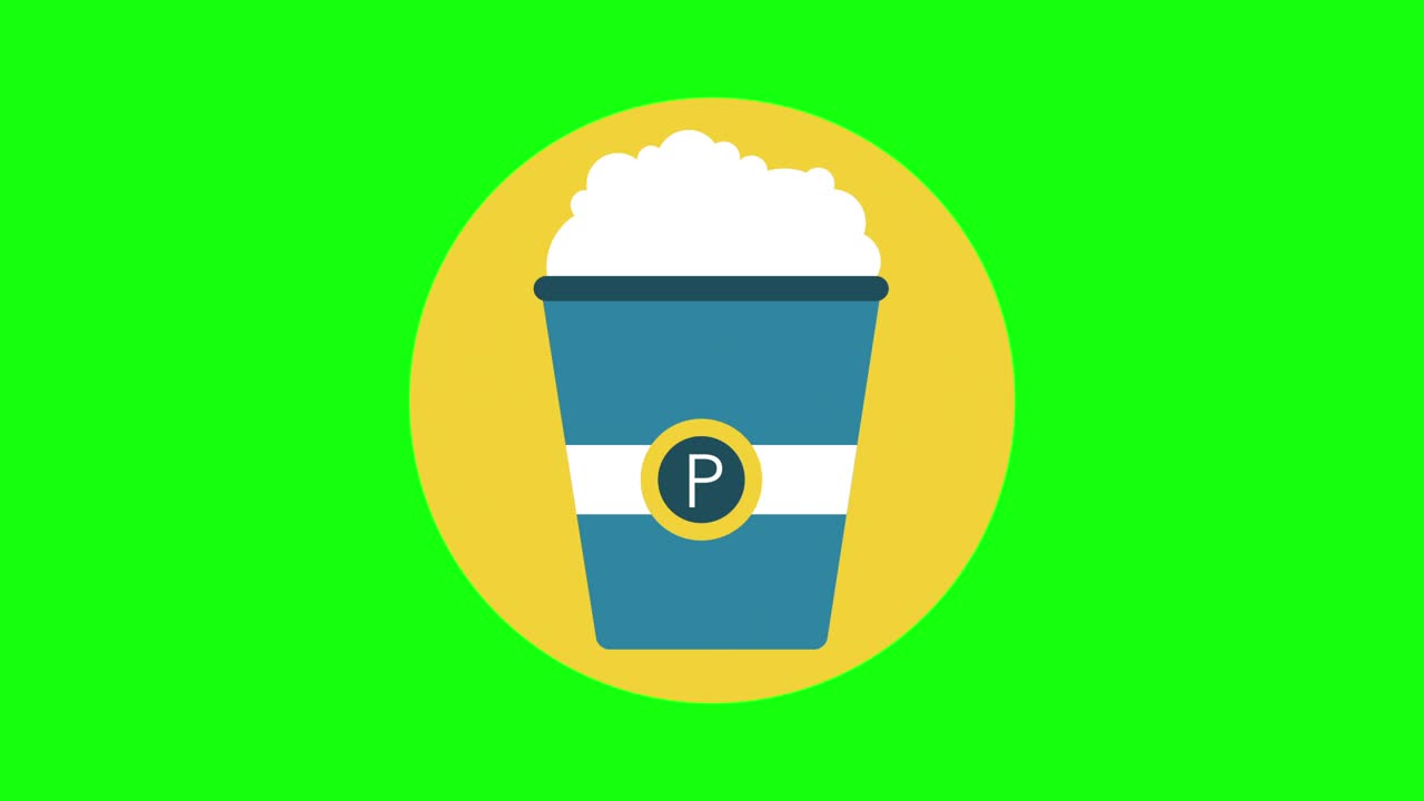 video en 4k de popcorn de dibujos animados en la caja con fondo verde.