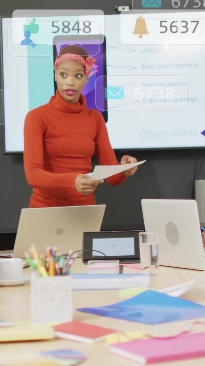 Vertical video: Slide revealing floating icons, woman handing pages, gesturing, showing engagement