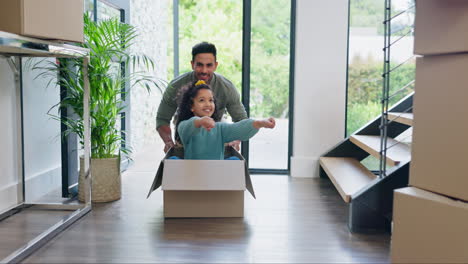 Papá-Feliz,-Caja-Y-Jugando-Con-La-Niña-En-El-Nuevo-Hogar