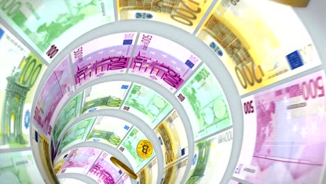 3d tunnel of euro bills and flying back bitcoins