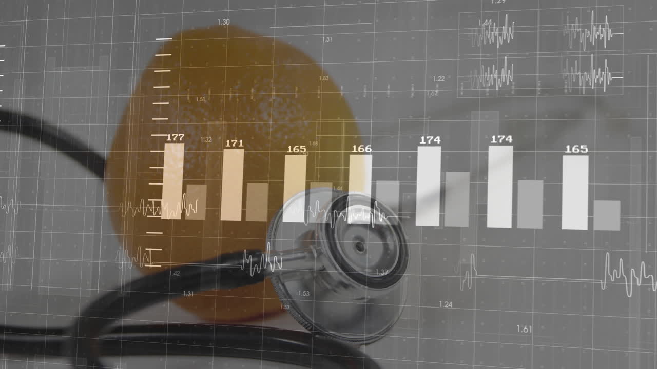 Stethoscope chest piece and orange being animated over digital interface showing grid and waveform