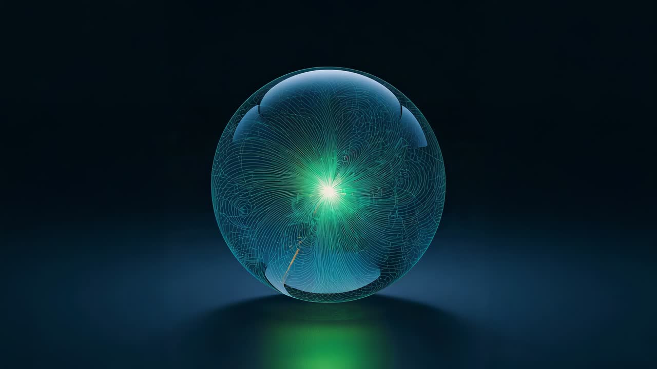 Glowing glass orb powering core, filling filaments, spilling neon green on table, dark backdrop