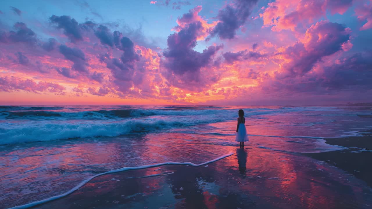 A Serene Moment by the Seaside at Sunset: Capturing the Beauty of Nature and Reflection as a Figure Stands Immersed in Vibrant Bottled Colors and Calming Waves