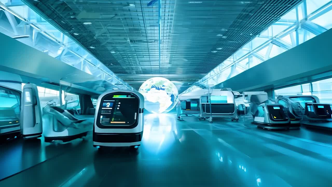 футуристический аэропортный терминал с автоматизированными транспортными средствами и глобусом