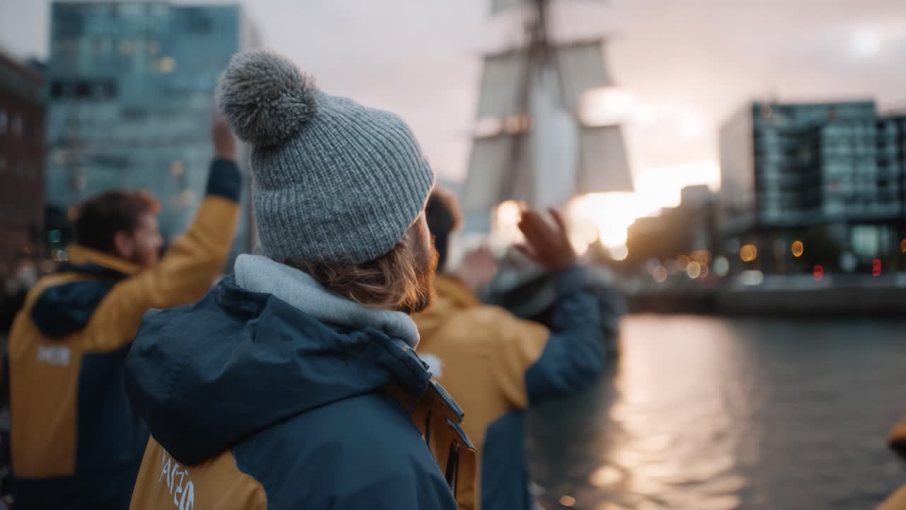 A Group of People Waves Goodbye to a Tall Ship as It Sets Sail Against a Beautiful Sunset Over the Cityscape, Capturing a Moment of Adventure and Departure