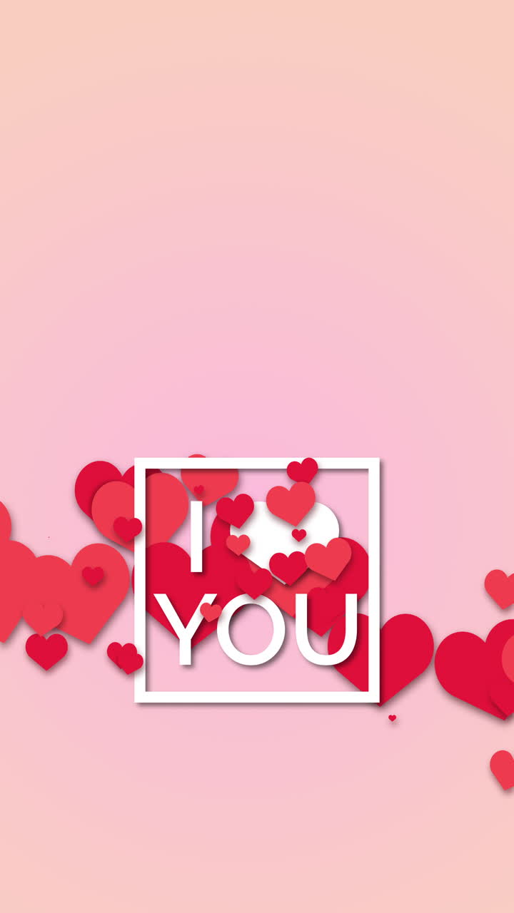 Pink background with animation of love symbol hearts. Lettering I love you. Happy valentines day and weeding design elements. Vertical video.