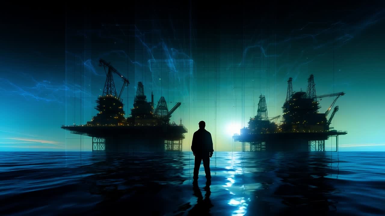 Dusk silhouette by oil rigs. A person stands in silhouette near water, with offshore oil rigs illuminated in the background at dusk.