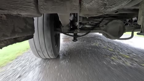 a delivery van's undercarriage driving on wet irish roads, showcasing suspension movement