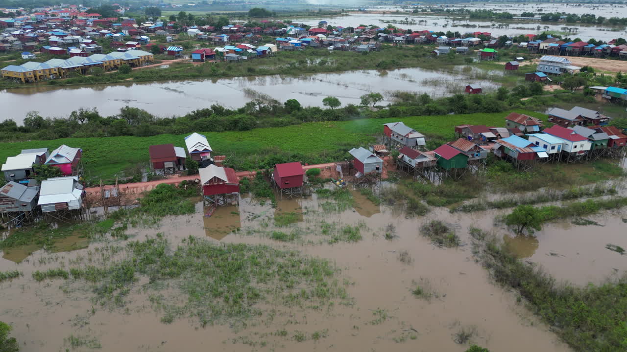 Tonle Sap Lake Houses Cambodia Pan Up 4K