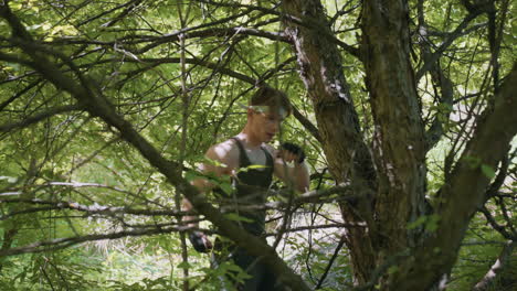 young man practicing punching rough tree bark under green forest canopy, muscles flexed and sweat glistening, sunlight filtering through leaves, focused training scene capturing effort and strength