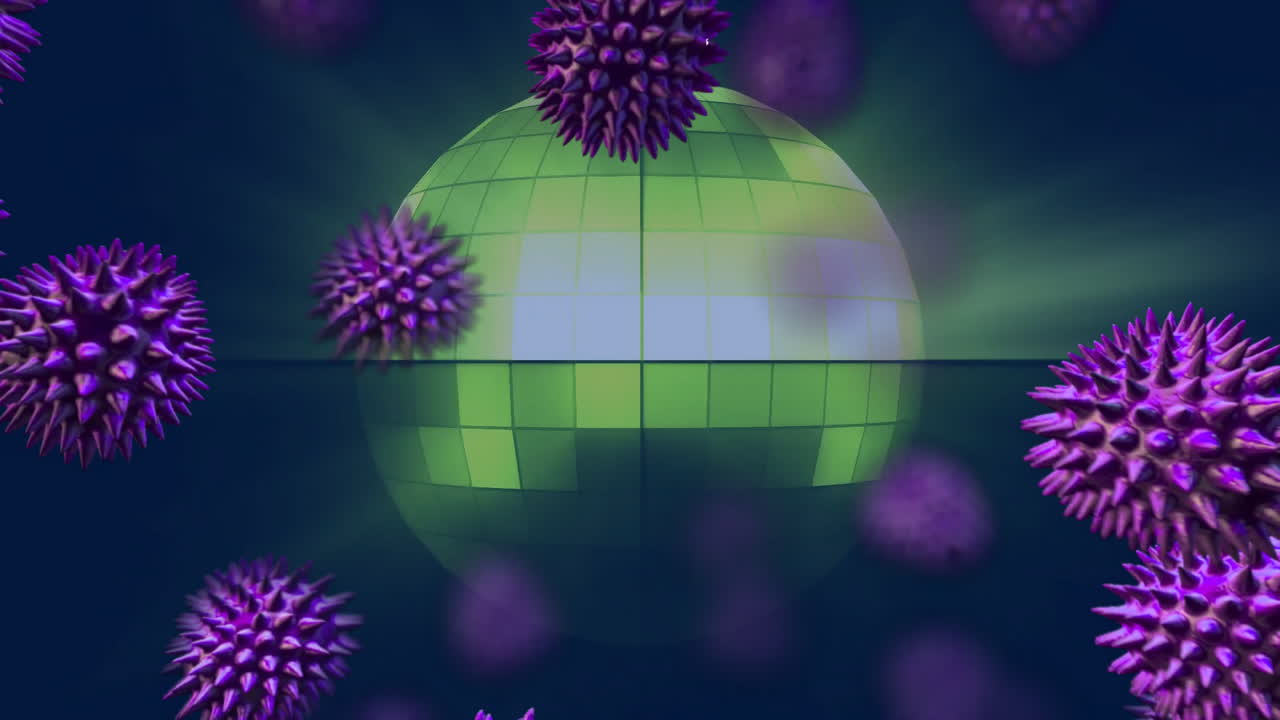 Animation of digital green sphere with floating purple virus-like particles