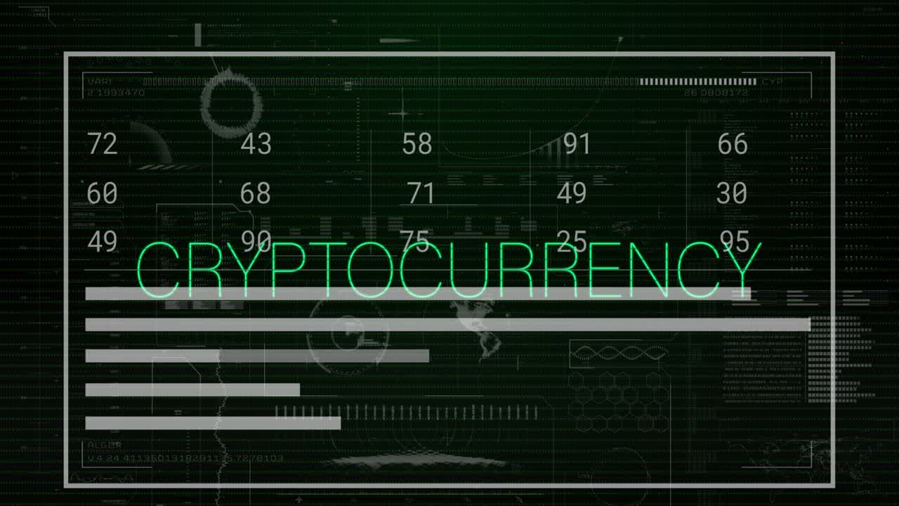 Animation of cryptocurrency text, statistics and data processing