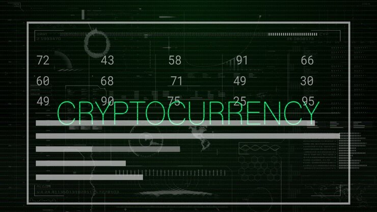 Animation of cryptocurrency text, statistics and data processing
