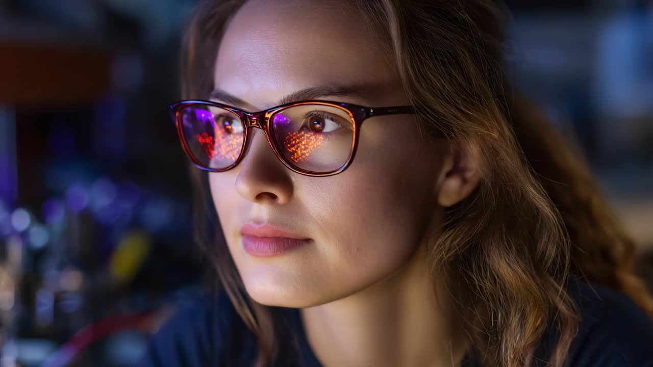 A Thoughtful Gaze: Capturing a Moment of Reflection in a Close-Up Shot of a Young Woman with Glasses, Showcasing Her Intense Expression and the Light Reflected in Her Eyewear Against a Softly Blurred Background