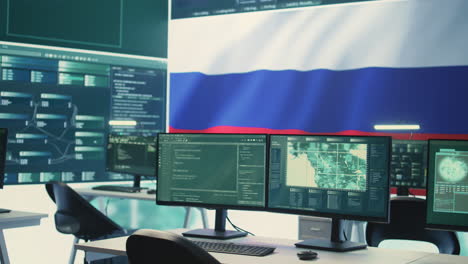 governmental surveillance room showing a russian flag on big screen
