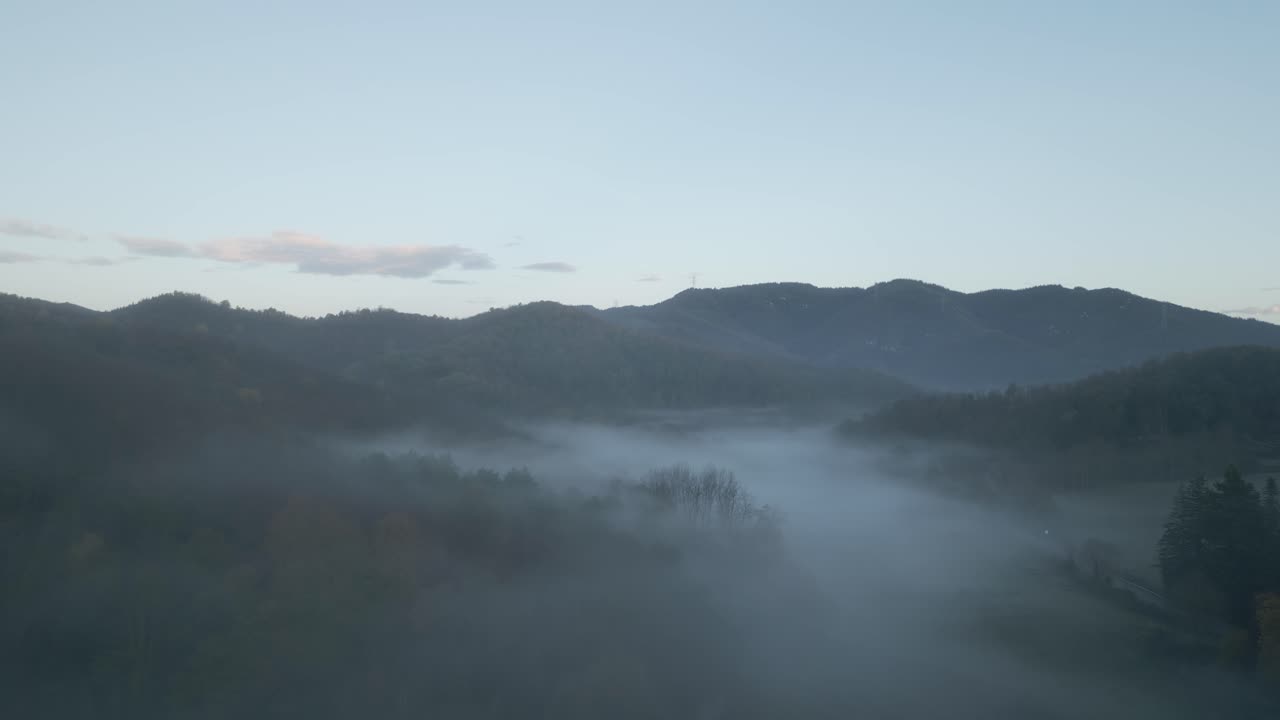 Low hanging fog drifting through mediterranean woodland during early morning, revealing ethereal landscape with soft, misty illumination transforming natural scenery into dreamlike environment