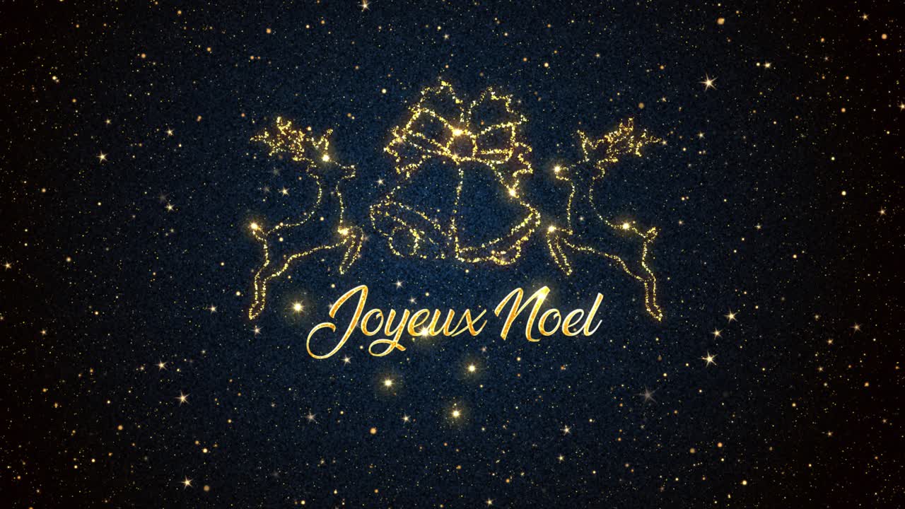 hermoso gráfico de movimiento animado estacional de renos y campanas representados en partículas brillantes sobre un fondo estrellado, con el mensaje estacional "joyeux noel" que aparece