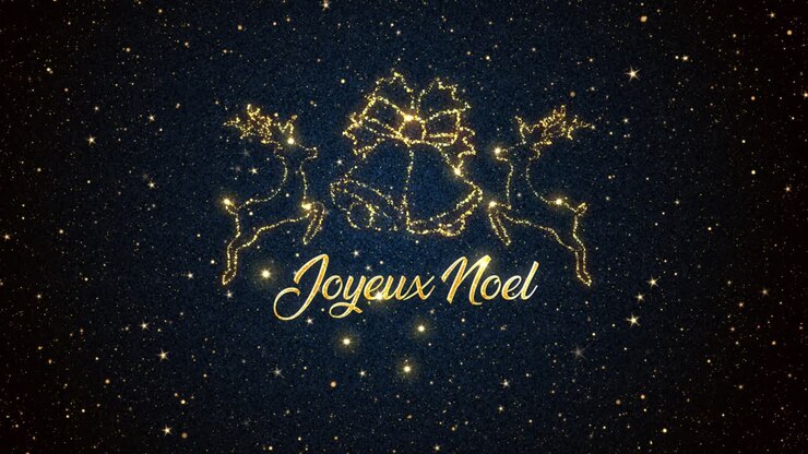 Magnifique animation graphique saisonnière de rennes et de clochettes représentés par des particules scintillantes sur un fond étoilé, avec le message saisonnier « Joyeux Noël » qui apparaît.