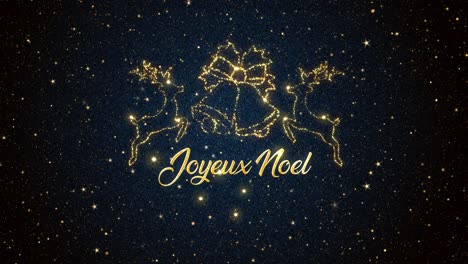 beautiful seasonal animated motion graphic of reindeers and bells depicted in glittering particles on a starry background, with the seasonal message �joyeux noel� appearing