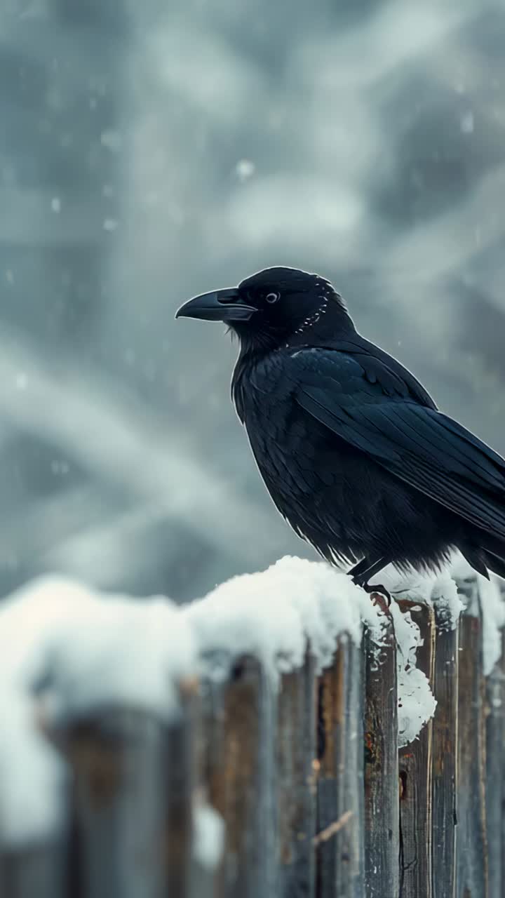 Vertical video: Perching black corvid scanning snowy fence amid blurred trees at start, copy space