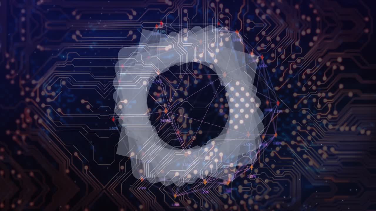 Animation of white shapes, data processing over computer circuit board