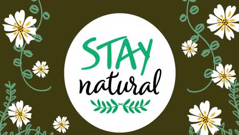 animation of stay natural in circle and flowers on khaki background