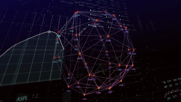 Animation of spinning globe over statistical and stock market data processing on black background