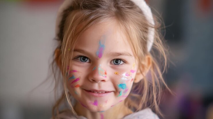 Un bambino gioioso con pittura facciale colorata catturato in due fotogrammi, che mostra espressioni uniche e creatività giocosa in un bellissimo ambiente interno.