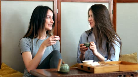 two pretty girlfriends talk and drink tea in cafe