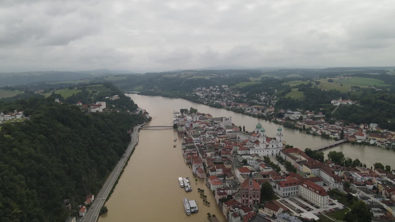 파사우 (passau) 의 고류 (high tide) 항공상 독일 도시 고수 습지 홍수