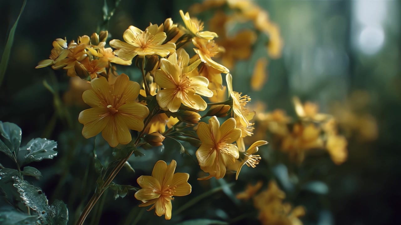 Vivace grappolo di fiori selvatici gialli catturato in un lussureggiante ambiente verde, che mostra la bellezza della natura e delicate strutture floreali in luce soffusa.