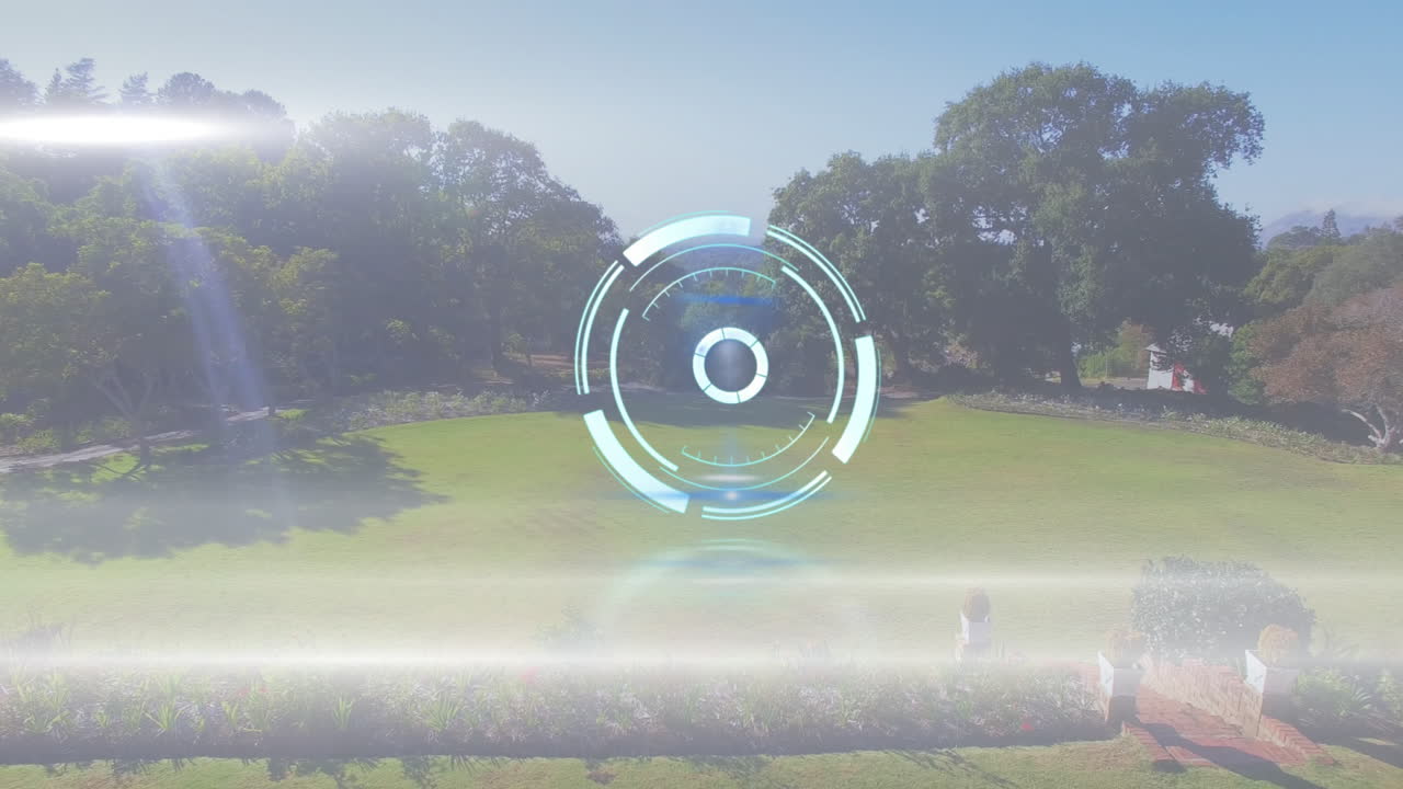 Digital interface animation over lush green park with trees and pathways