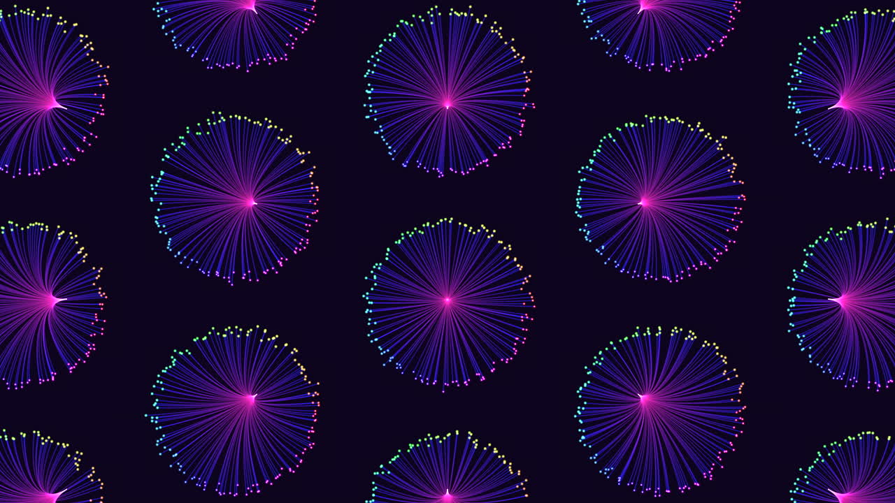 Uno spettacolo ipnotizzante di cerchi luminosi viola e blu su sfondo nero, che si sovrappongono in una disposizione circolare, creando un motivo intrigante e vibrante.