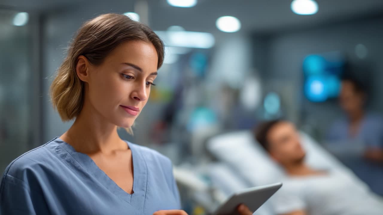 Focused Medical Professional Engaged with Digital Tablet While Overseeing Patient Care in a Modern Healthcare Environment
