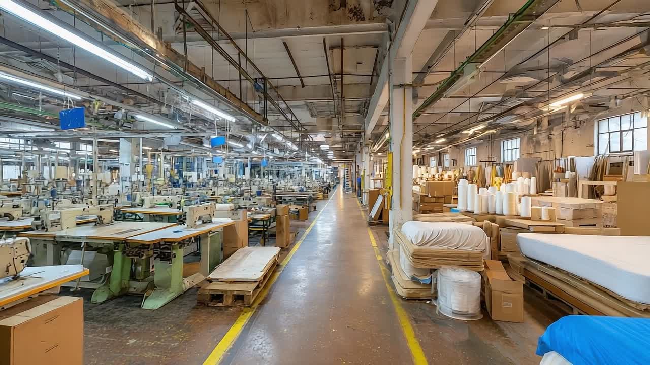 Grande stabilimento di produzione tessile con file di macchine e materiali