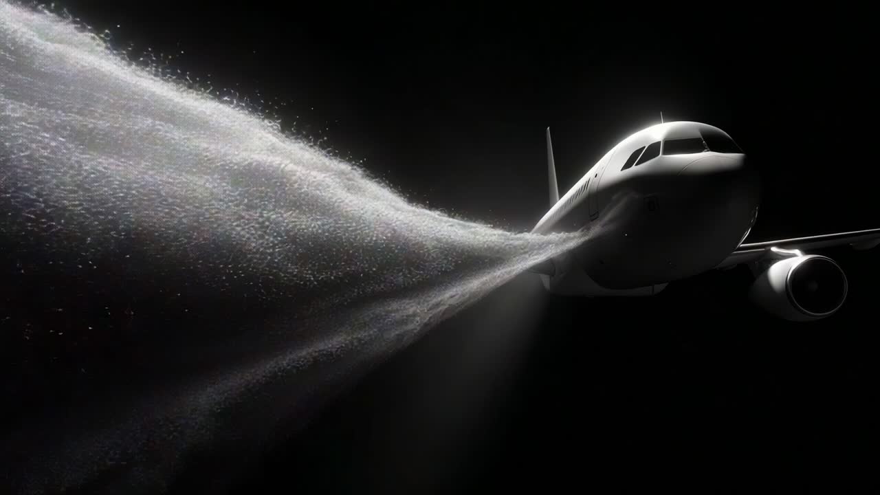 Aerial Dynamics: A Stunning Visual of Aircraft Dispensing Particles in the Air, Captured in a Dramatic Contrast of Light and Shadow, Revealing the Intricacies of Flight and Engineering