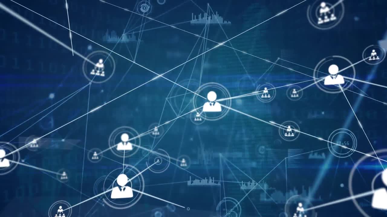 Animation of network of profile icons and data processing over light trails against blue background