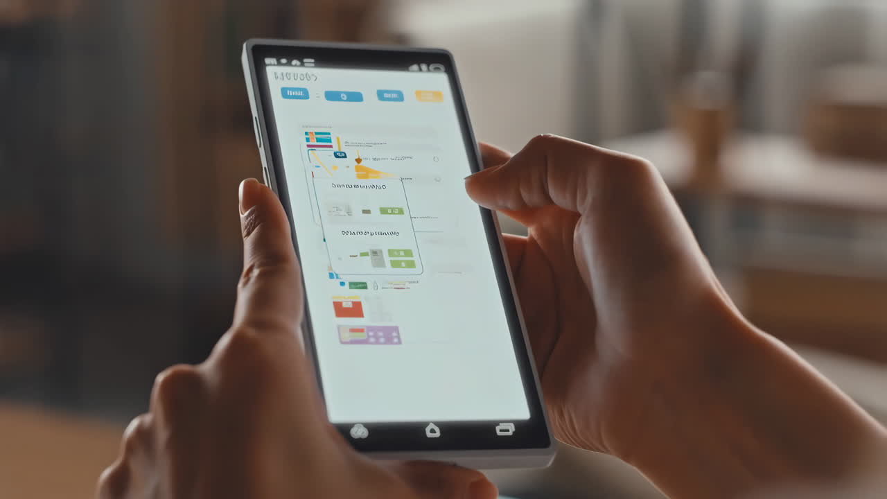 Person using a smartphone or tablet with a digital interface