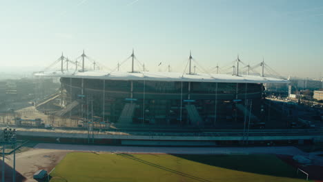 Drone-shot---inspires-2-x5s---lateral-elevation-of-the-Stade-de-France,-Saint-Denis,-Paris