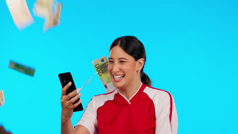 Winner-woman,-money-rain-and-sport-with-phone