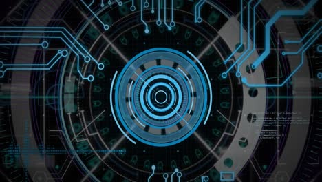 animation of motherboard and circular blue scanner processing data